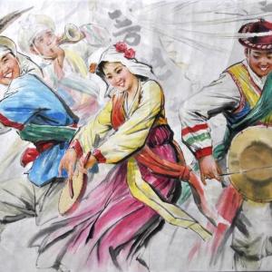 朝鲜功勋艺术家 朴昌龙 朝鲜国画 《丰收舞》