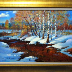 朝鲜 高级美术者 朴孝成 朝鲜油画《大洞江雪景》