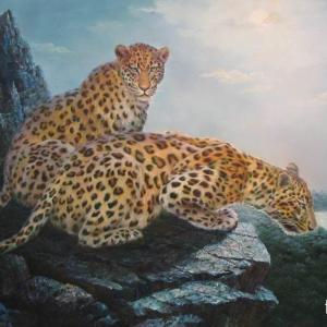 朝鲜 高级美术者 朴孝成  朝鲜油画《月夜的豹》