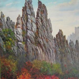 李吉男 朝鲜油画《岩峰》