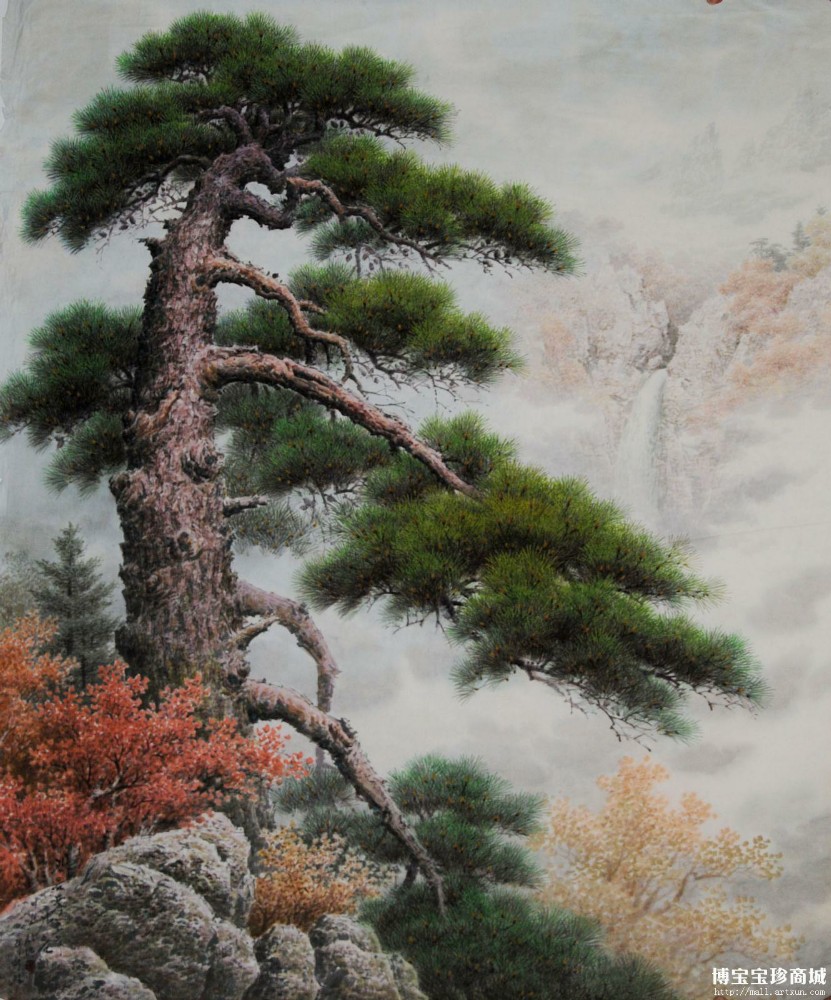 李革哲《观音瀑布之秋》朝鲜国画