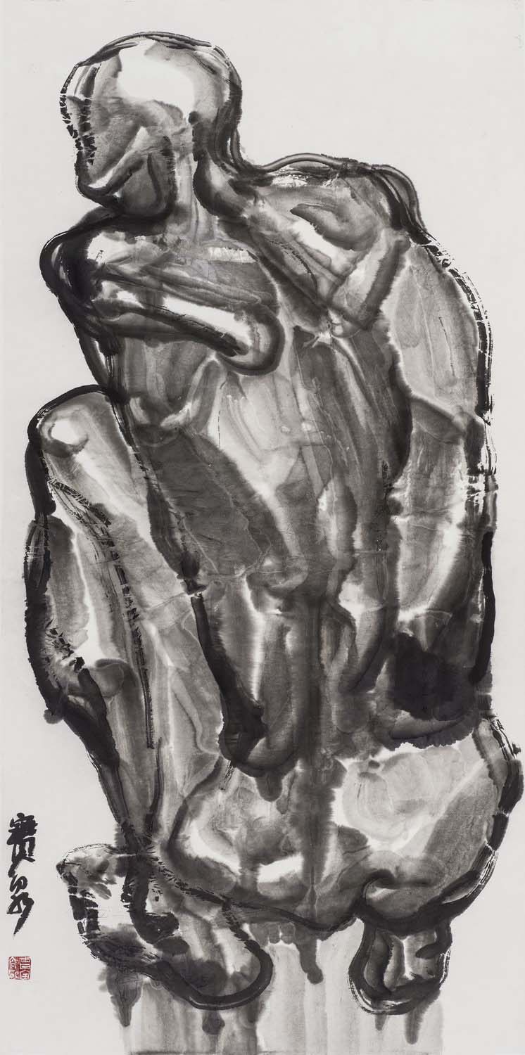蹲着的男人  （ 曹宝泉  ）纸本水墨140cm x 70cm   2016年