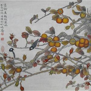中国农民书画研究会会员、湖南省美术家协会会员、民协副主席工笔画作品《霜余万果缀寒林》