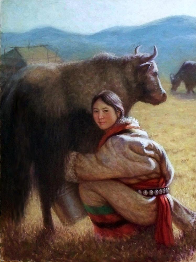 挤牛奶的藏族姑娘