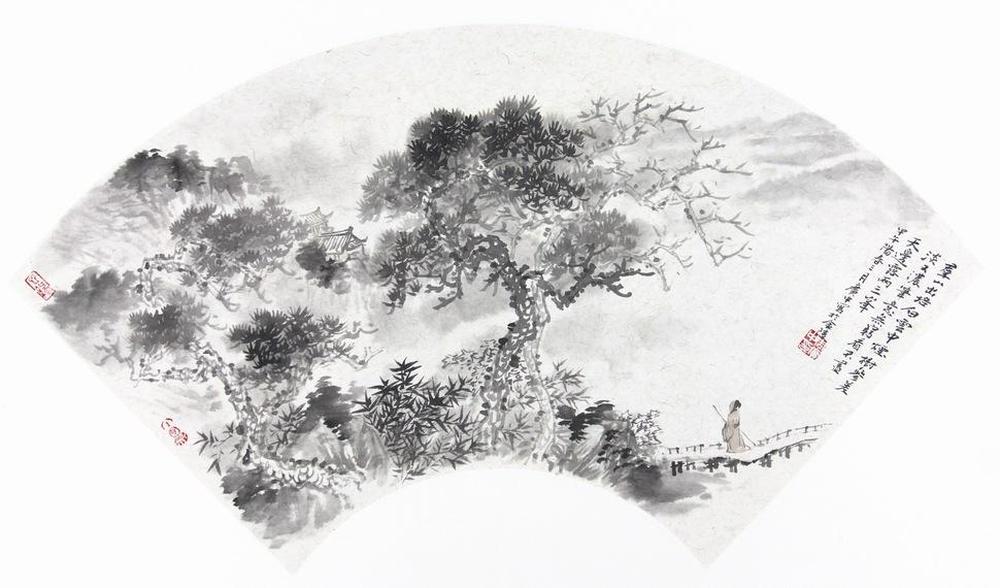 周广中扇面小品山水画