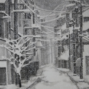 艺品作品11 下雪的街道 宣纸彩墨