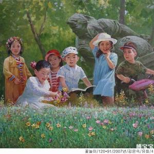 朝鲜 功勋艺术家 金银淑 朝鲜油画《戏花》