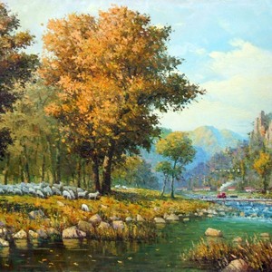 李成哲《溪边的初秋》朝鲜油画