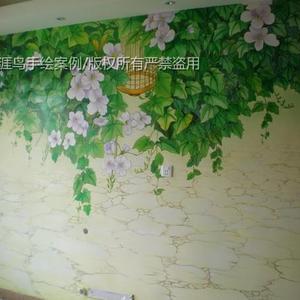 王飞涯手绘壁画作品，工笔花鸟油画电视背景墙画