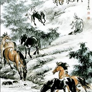 竹溪饮马图