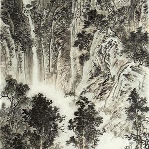 遥望瀑布挂前川