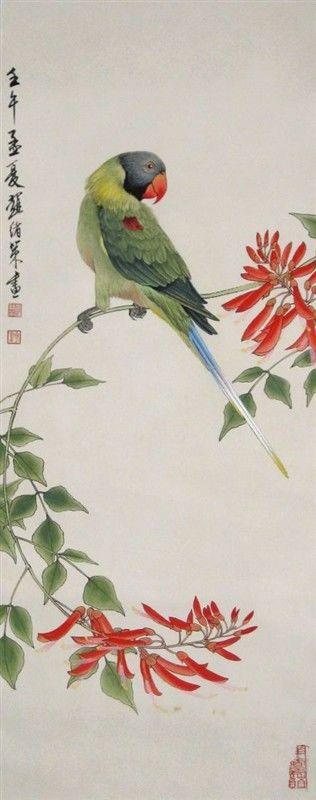 工笔画《鹦鹉和鹦鹉花》