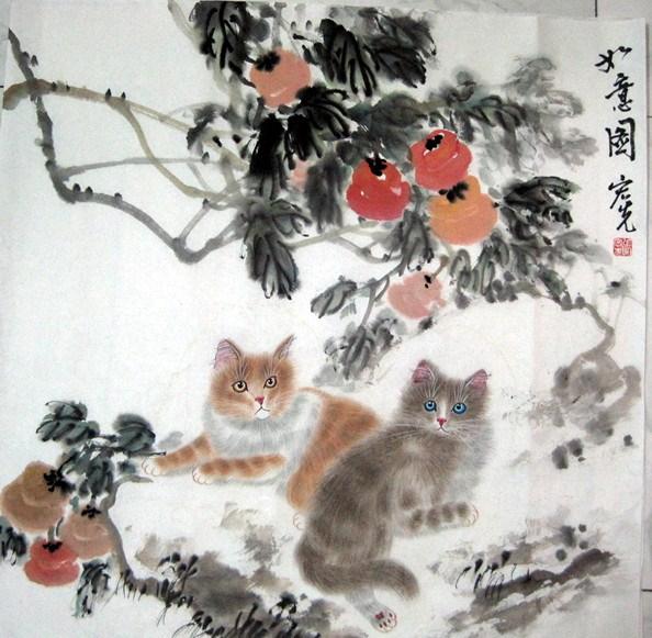 张宏先作品真迹宏先画猫三