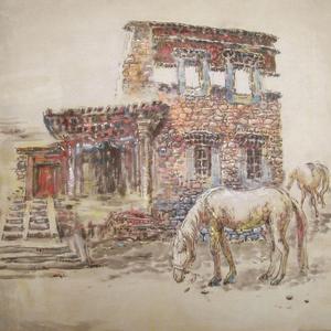 废墟前饲马