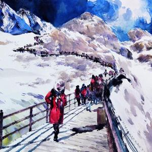 行走在雪山的桟道上