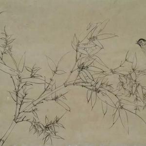 双钩白描竹鸟图
