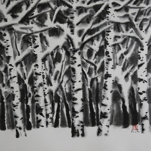 艺品作品15  雪中白桦林  宣纸彩墨