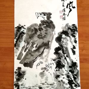 写意鹰石国画