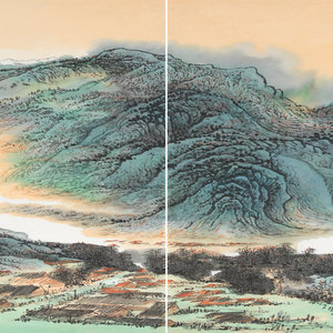 湖抱孤村远  纸本青绿设色