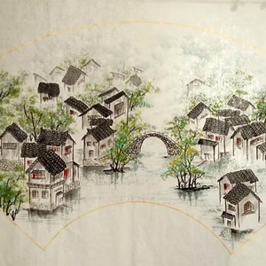 夏彩华四尺扇面江水乡