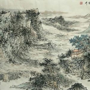 溪泉春雨图