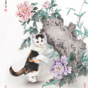 卢芳工笔画三花猫作品