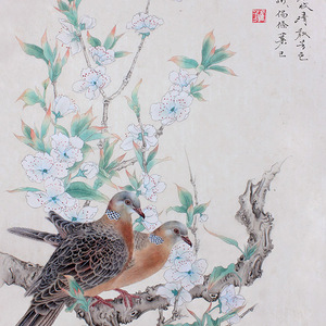 卢芳工笔画梨花双鸠