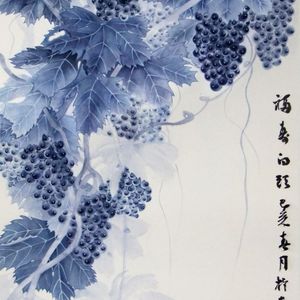水墨青花团扇鸟趣图